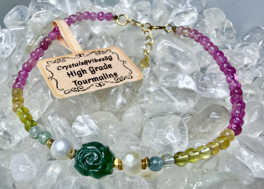 High Grade Tourmaline Blue Rose and Pearls 925 Silver