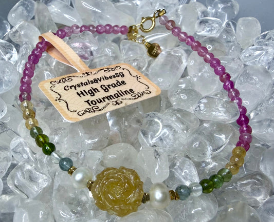 High Grade Tourmaline Yellow Rose and Pearls 925 Silver